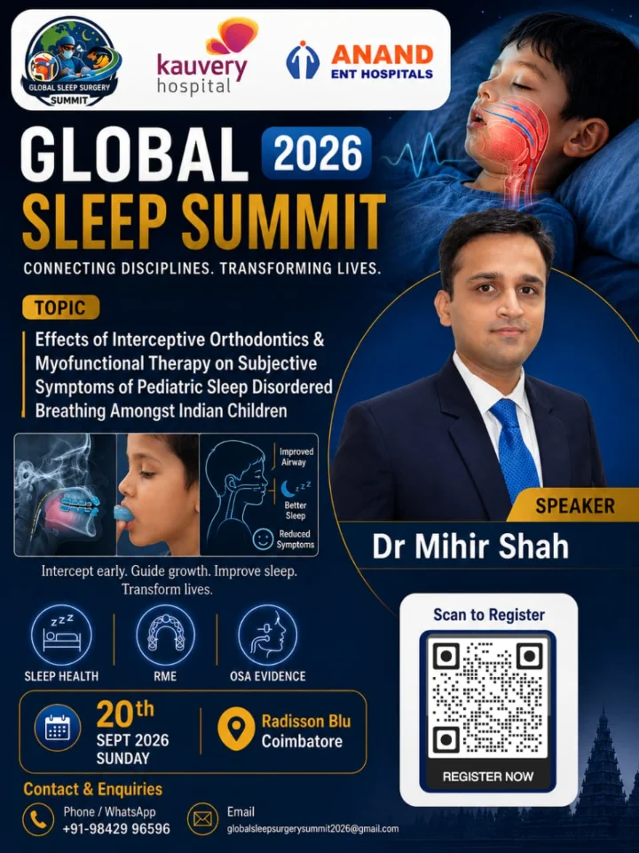 Global Sleep Summit 2026 poster: Dr Mihir Shah on interceptive orthodontics and myofunctional therapy for pediatric sleep-disordered breathing