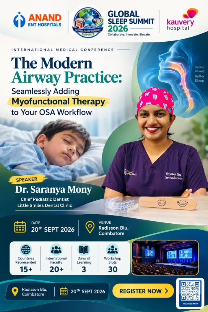 Global Sleep Summit 2026 poster: Dr Saranya Mony on adding myofunctional therapy to your OSA workflow